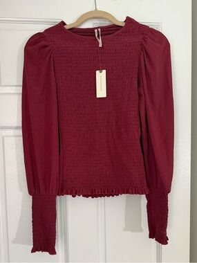 Anthropologie Burgundy Smocked Puff-Sleeve Long Sleeve Top